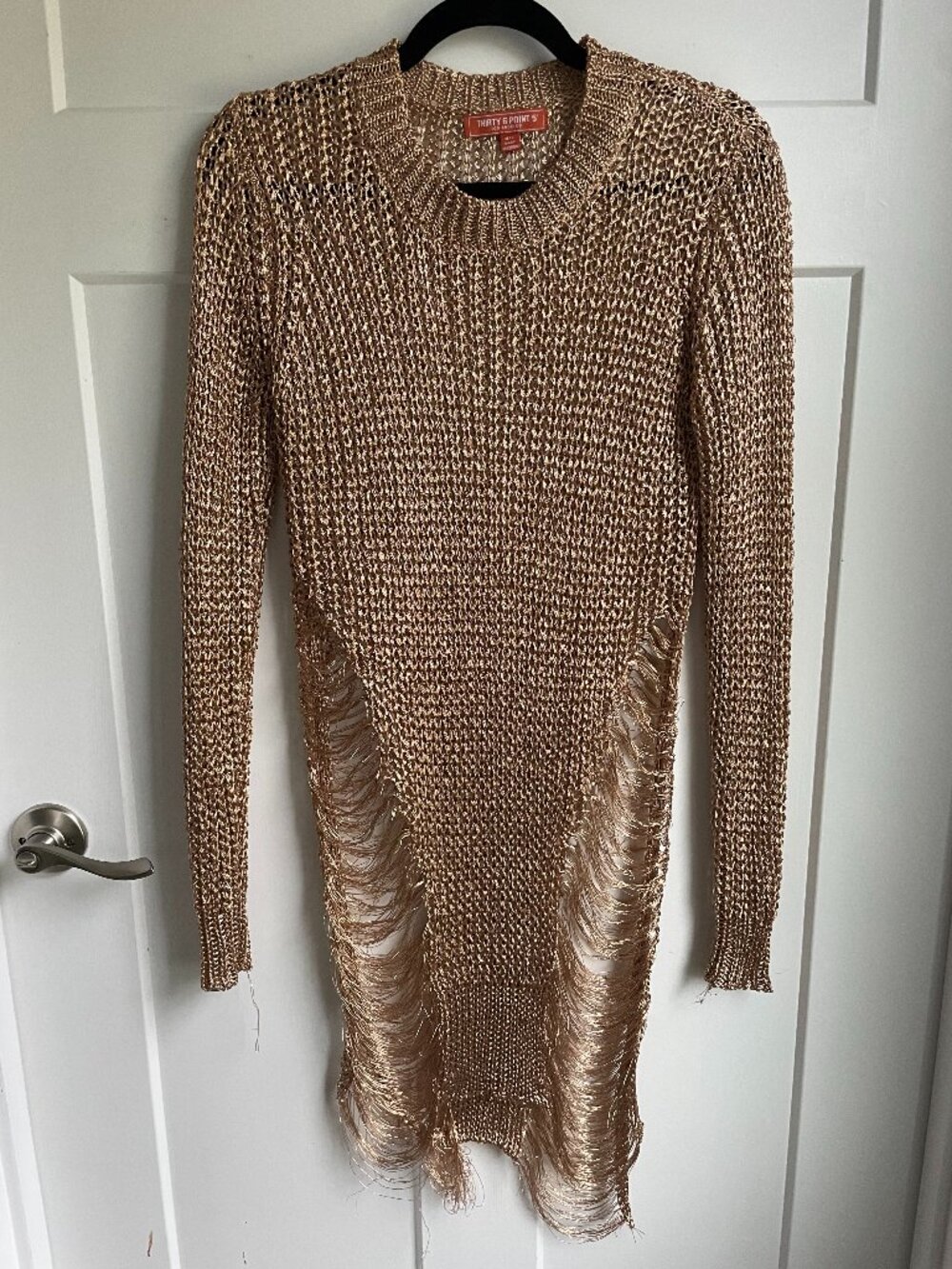 Metallic Open Knit Gold Cavalli Inspired Distressed Fringe Y2K Sweater Dress M/L